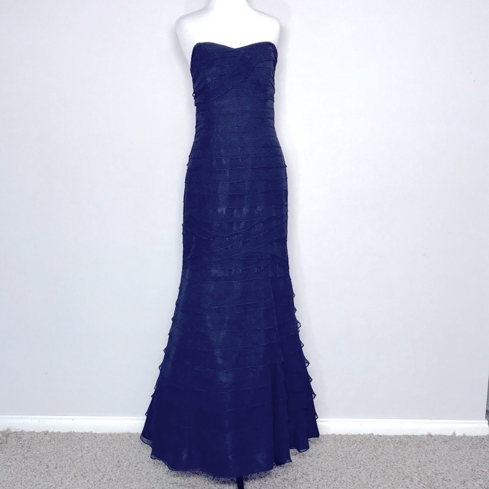 CM Couture Women’s Elegant Navy Blue Silk Tiered Trumpet Maxi Gown Dress Size 6